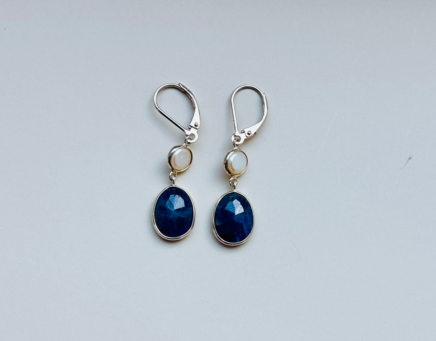 Blue sapphire and pearl hanging earrings