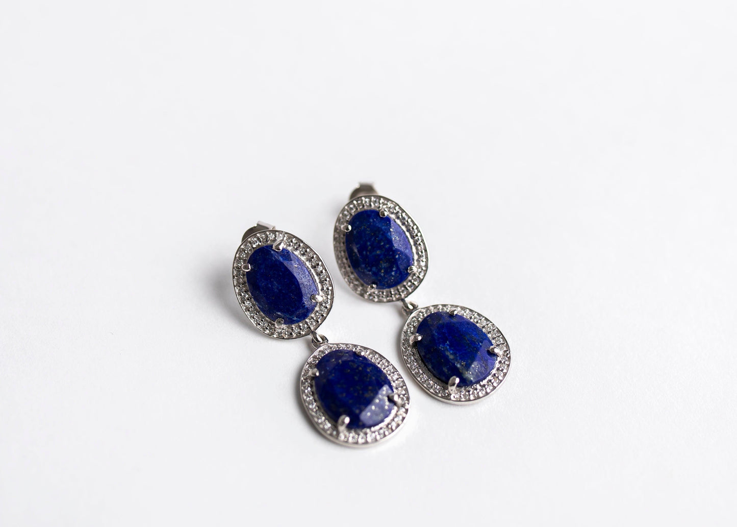 Lapis Double Drop Earrings minimal everyday fine jewelry in solid gold and sterling 925 silver with natural gemstones.