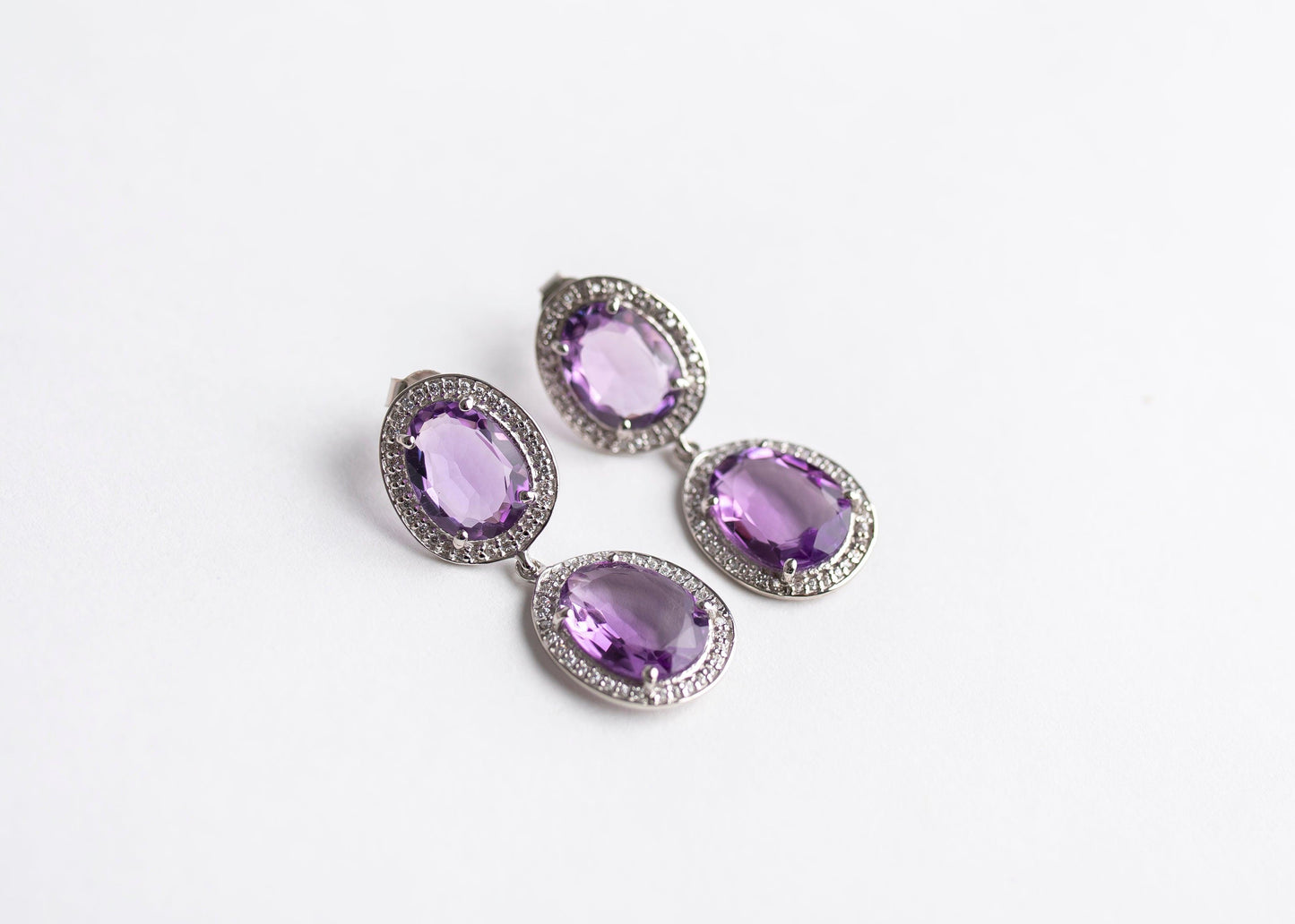Amethyst Double Drop Earrings minimal everyday fine jewelry in solid gold and sterling 925 silver with natural gemstones.