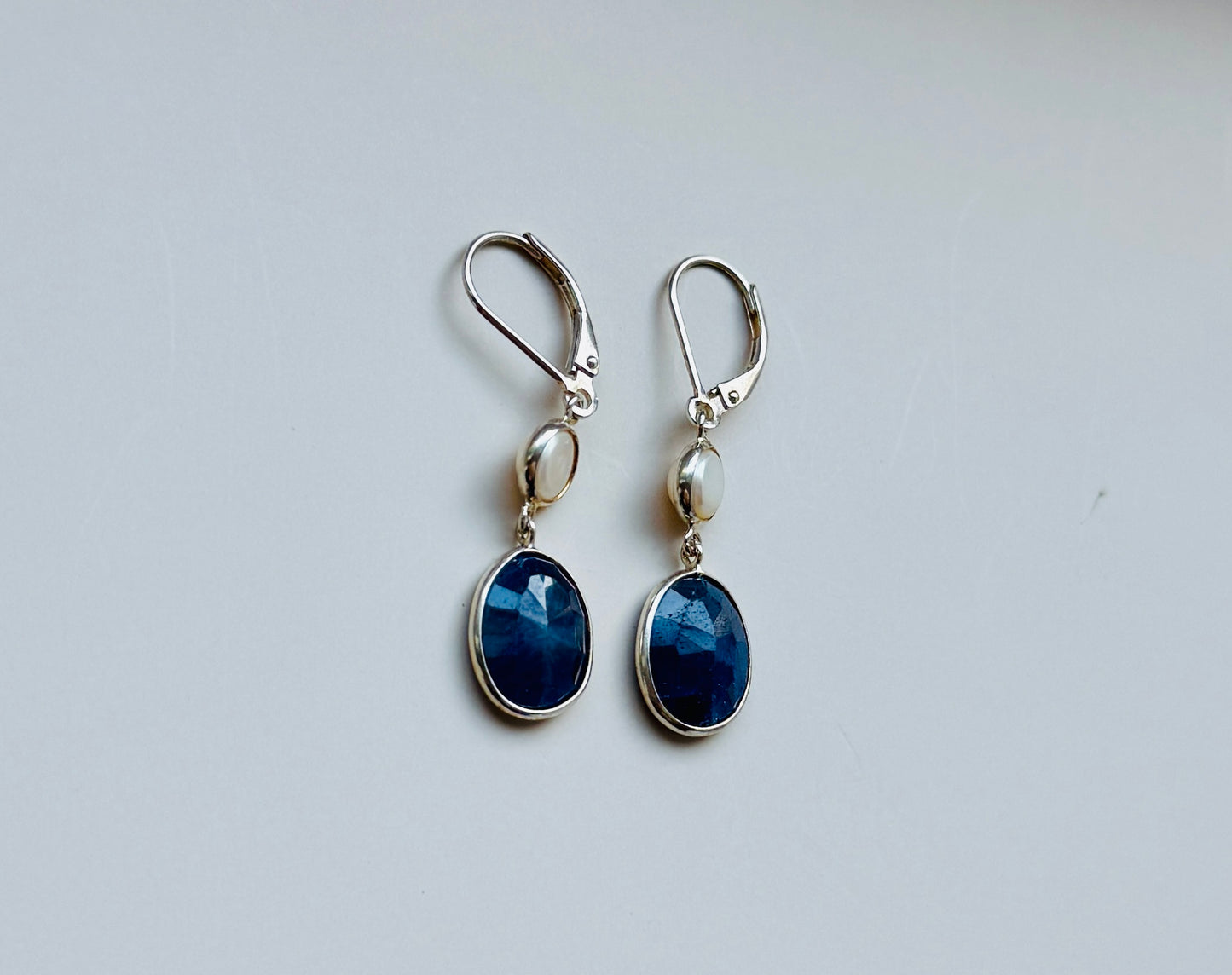 Blue sapphire and pearl hanging earrings