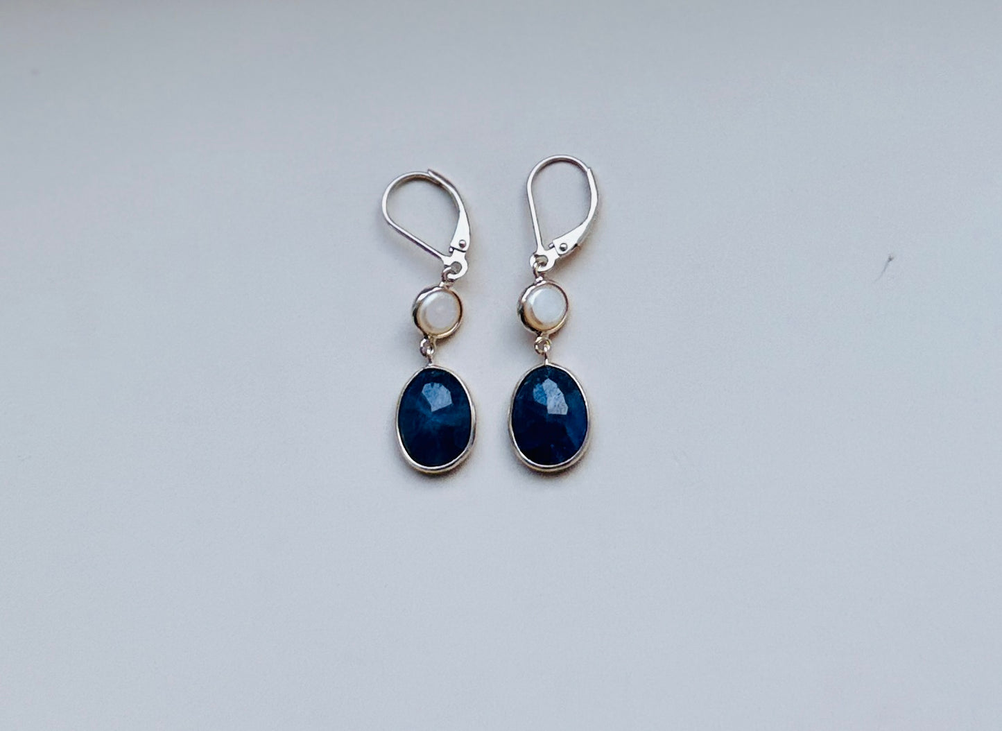 Blue sapphire and pearl hanging earrings