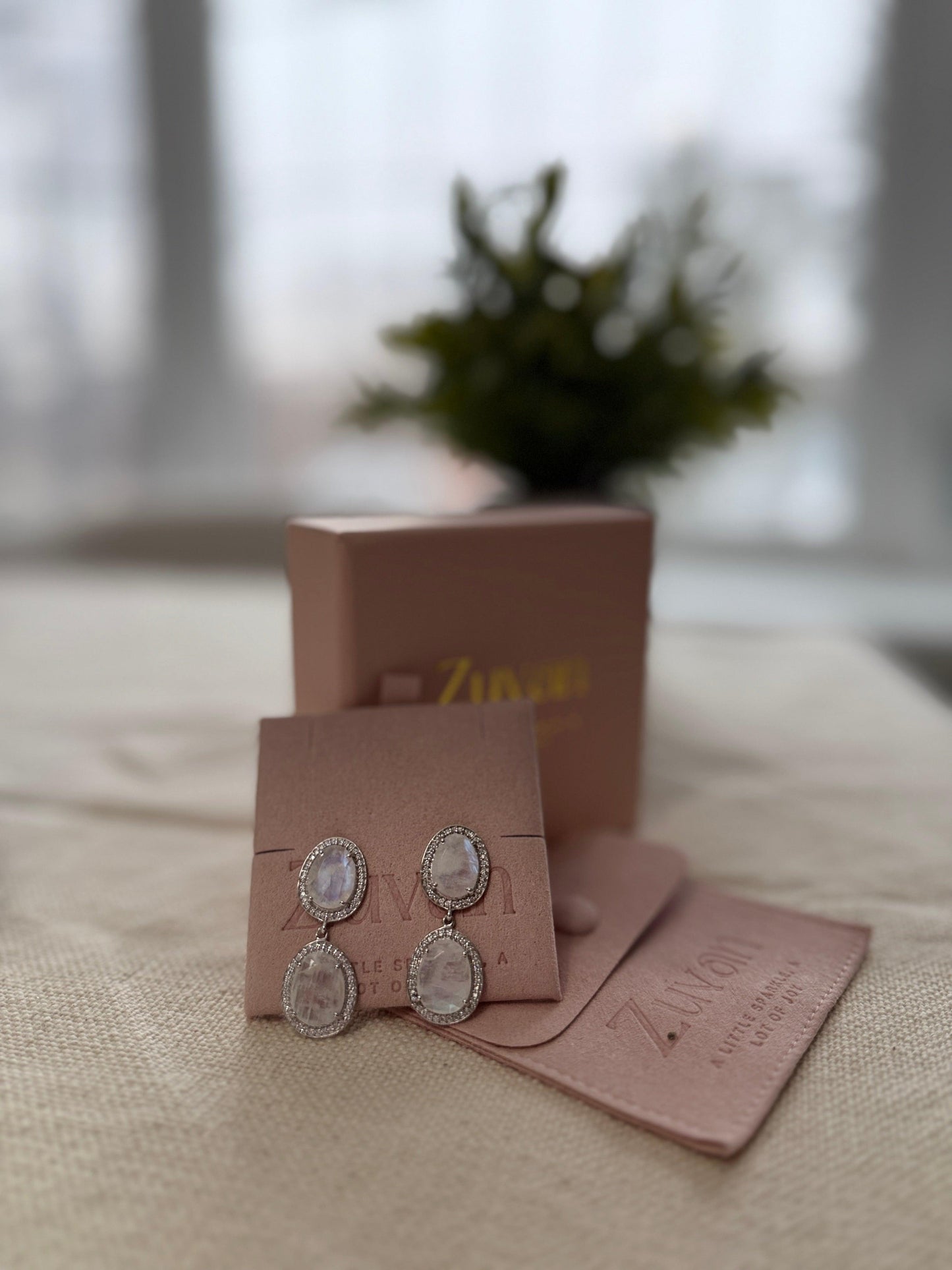 Moonstone Double Drop Earrings minimal everyday fine jewelry in solid gold and sterling 925 silver with natural gemstones.