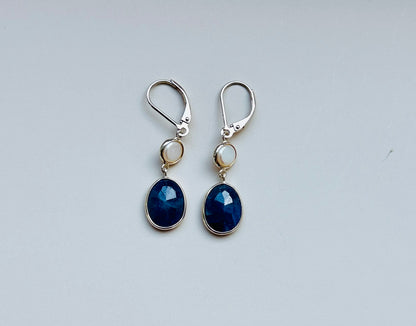 Blue sapphire and pearl hanging earrings