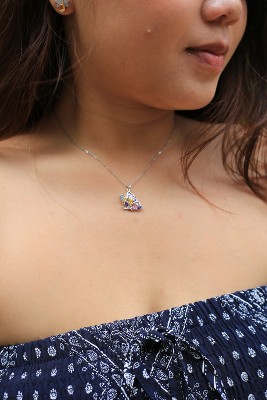 Multi-Color Butterfly Silver Necklace