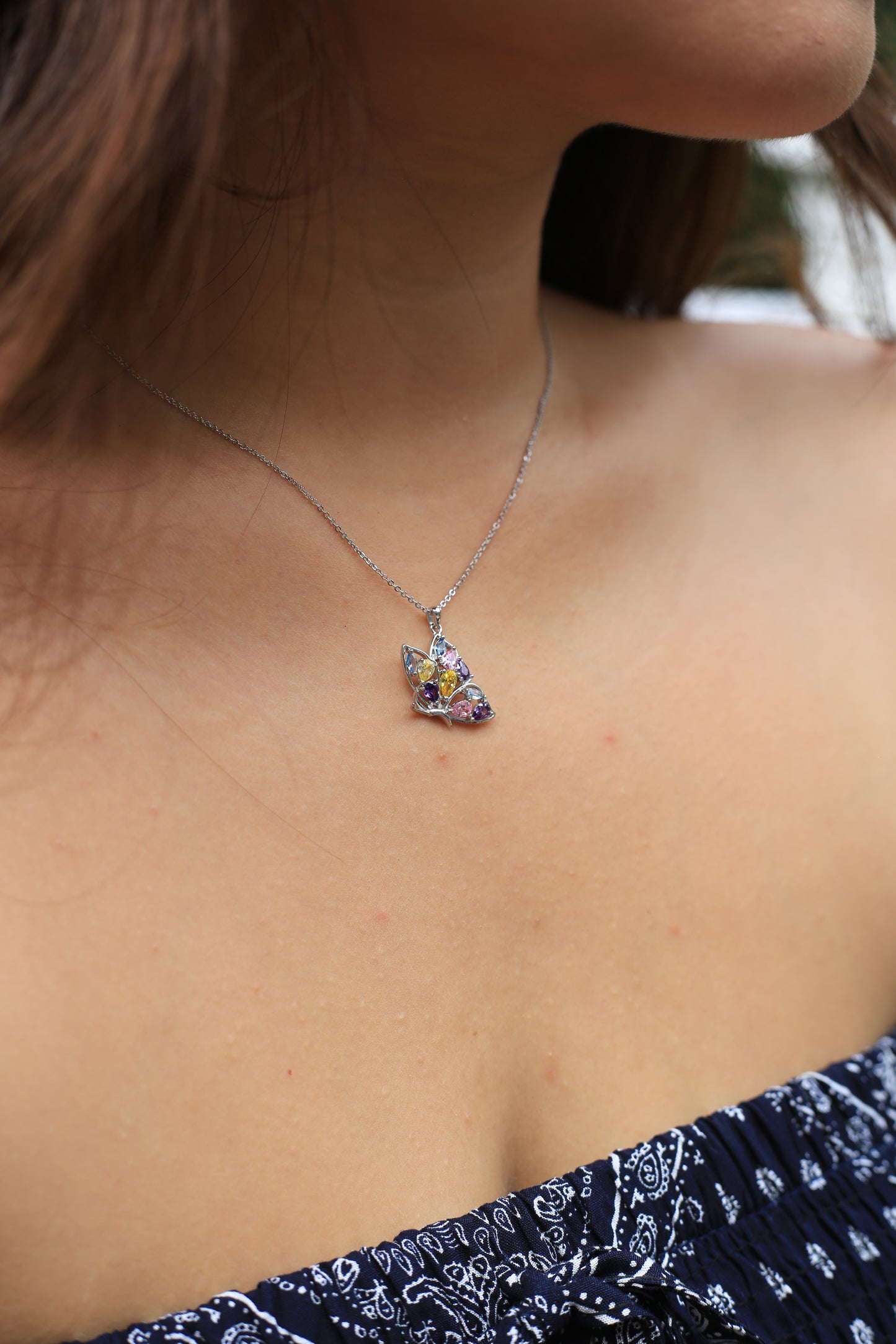 Multi-Color Butterfly Silver Necklace