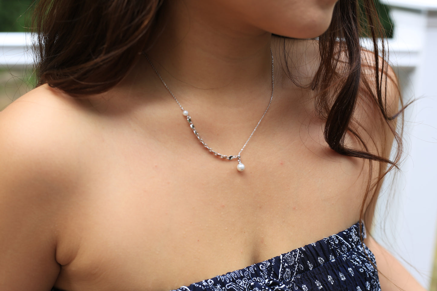 Half-and-Half Silver Bead with Pearl Drop Necklace
