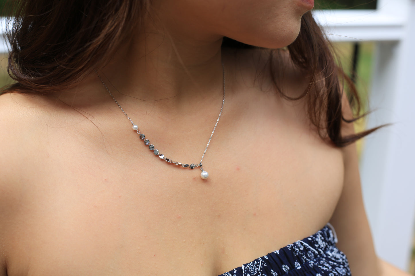 Half-and-Half Silver Bead with Pearl Drop Necklace