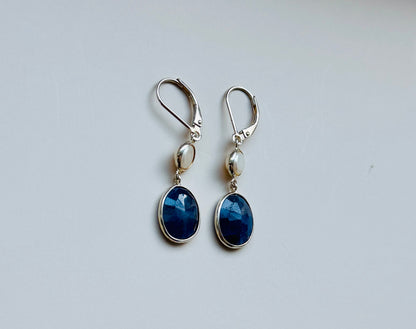 Blue sapphire and pearl hanging earrings