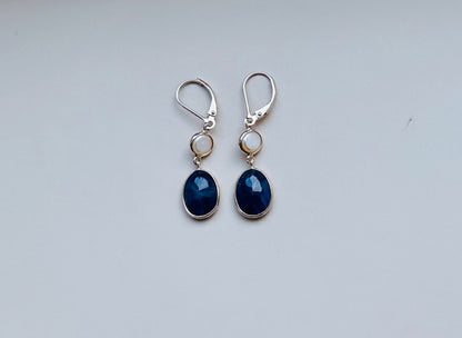 Blue sapphire and pearl hanging earrings