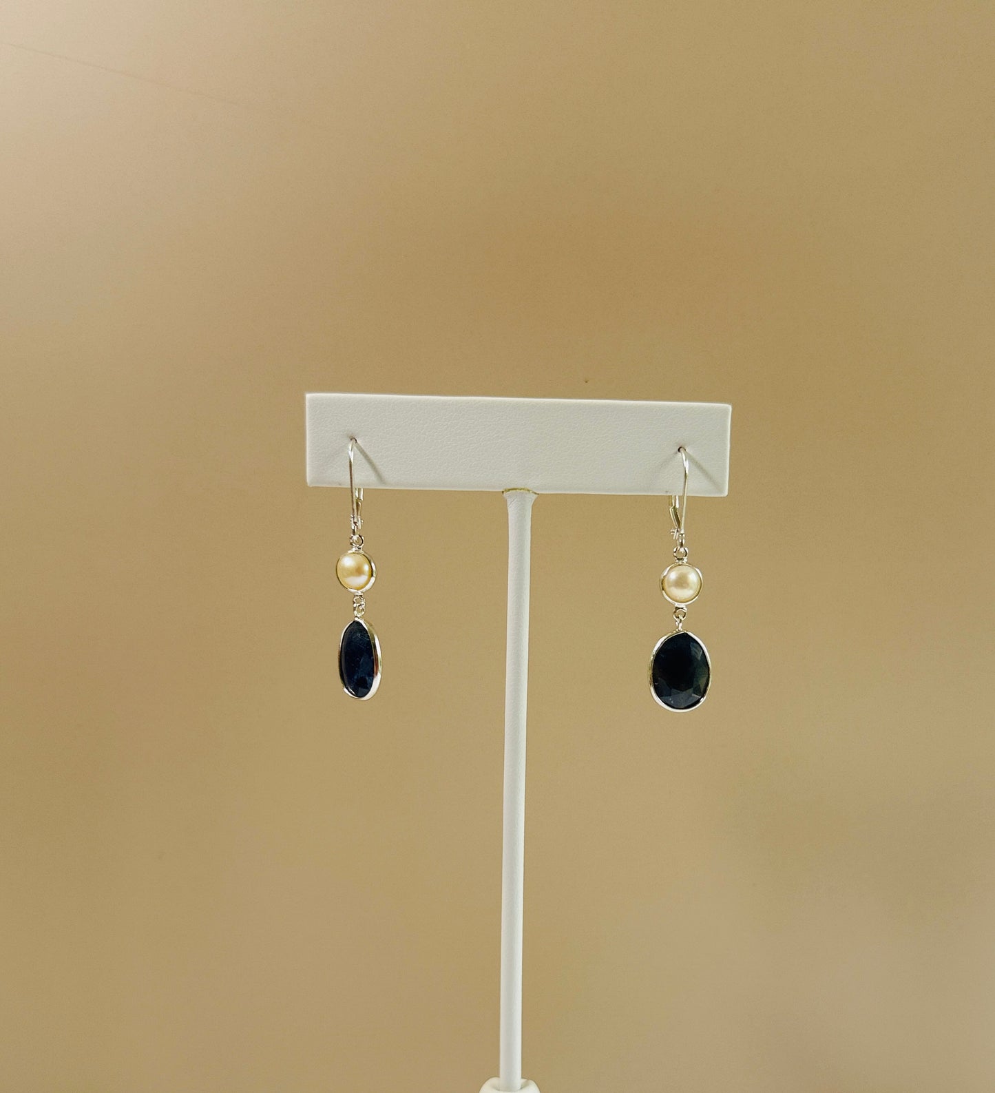 Blue sapphire and pearl hanging earrings
