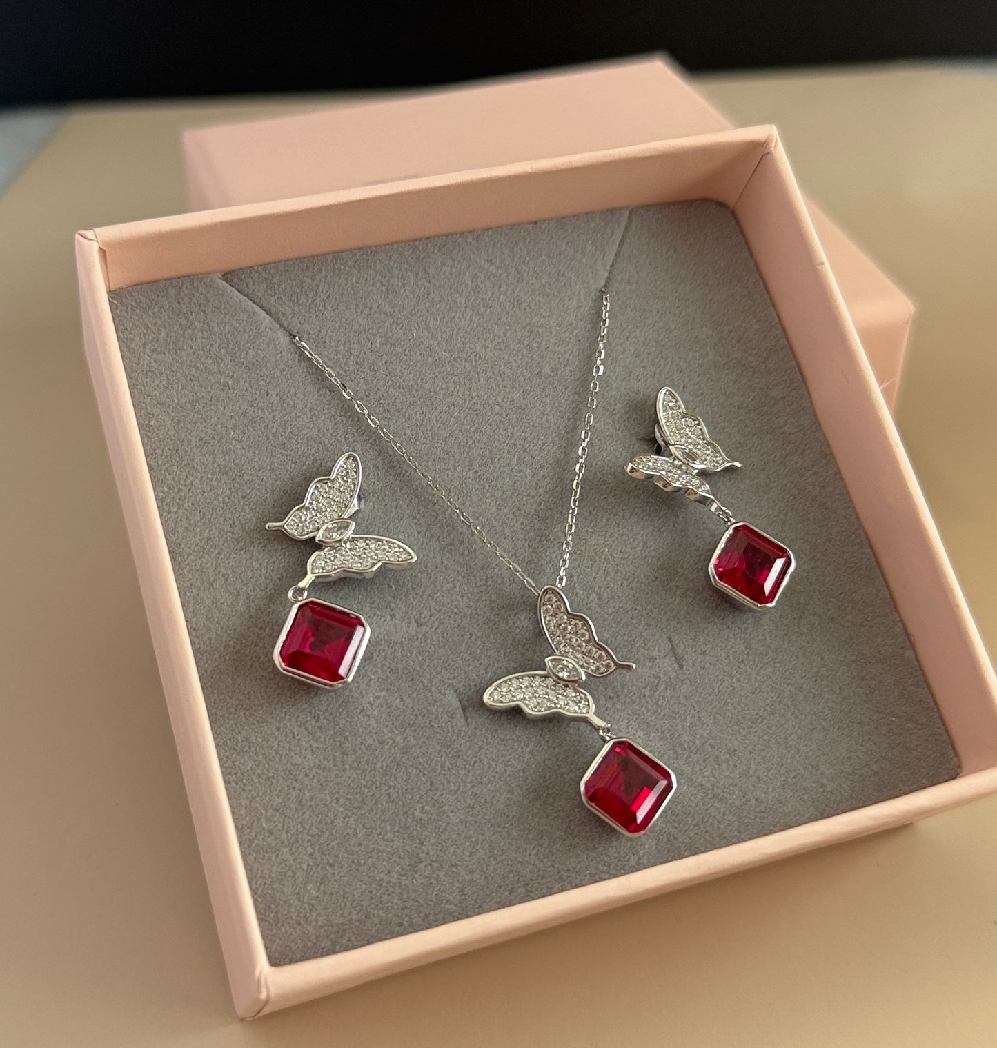 Ruby Flutter Butterfly Necklace Set