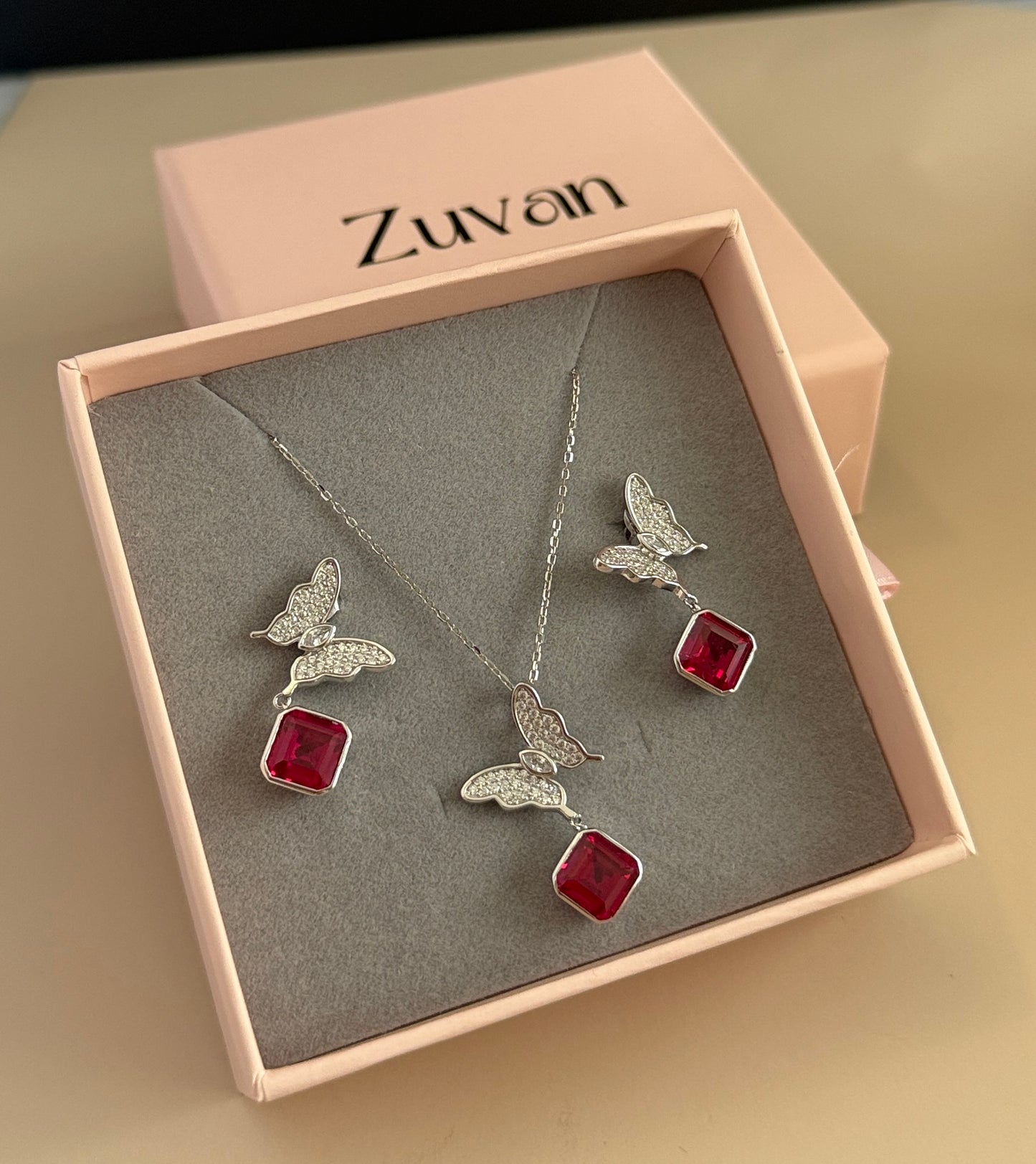 Ruby Flutter Butterfly Necklace Set