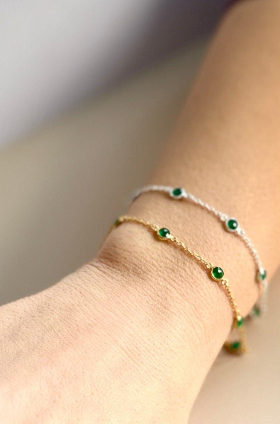 May Birthstone Bracelet — Emerald minimal everyday fine jewelry in solid gold and sterling 925 silver with natural gemstones.