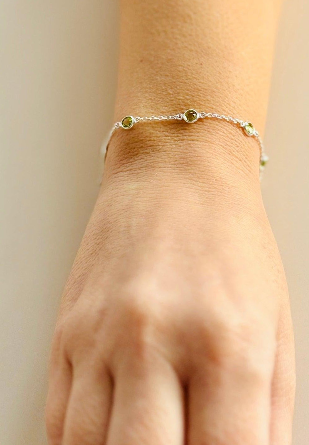 August Birthstone Bracelet — Peridot minimal everyday fine jewelry in solid gold and sterling 925 silver with natural gemstones.