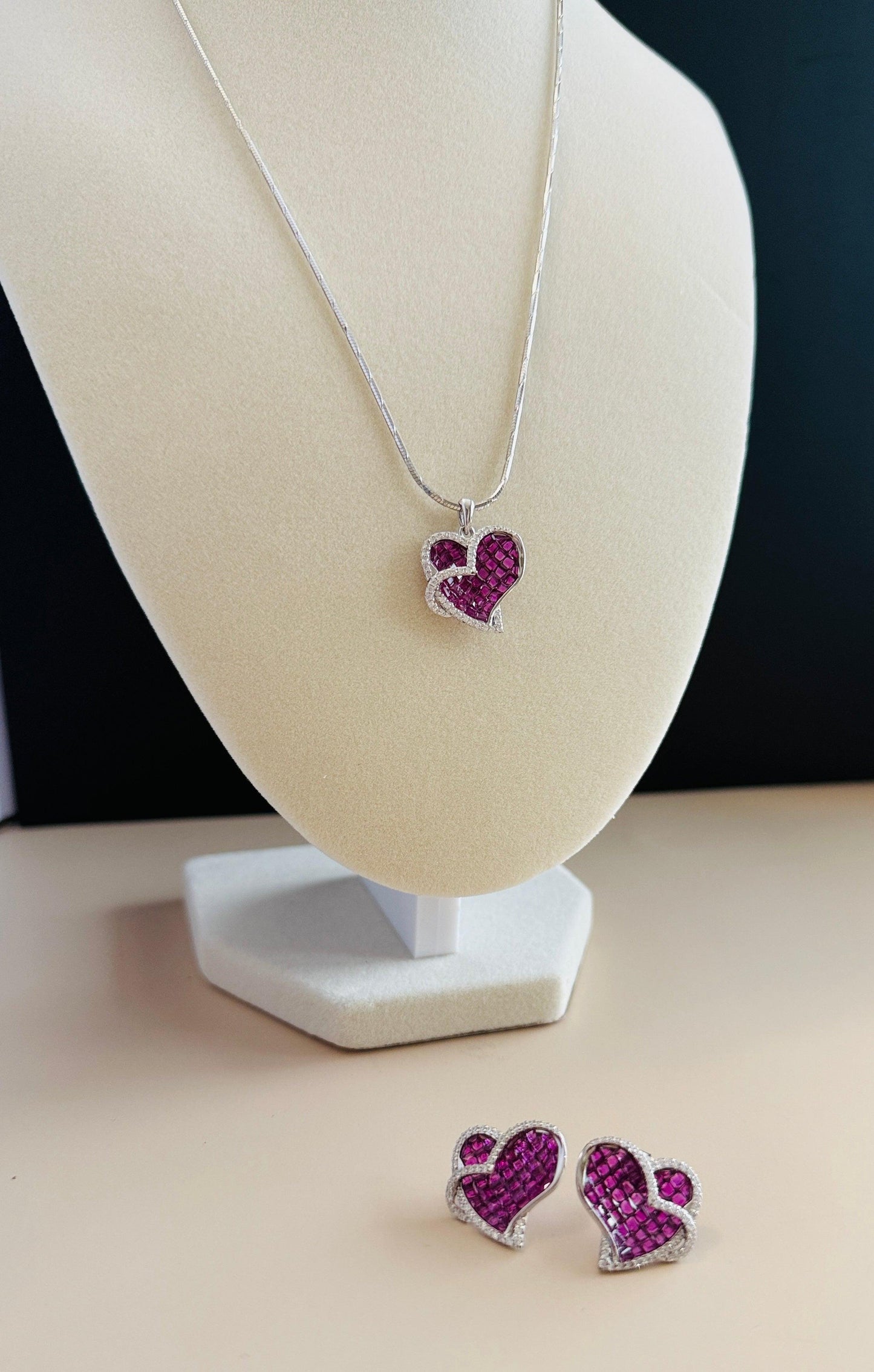 ruby heart pendant and earrings set in sterling silver